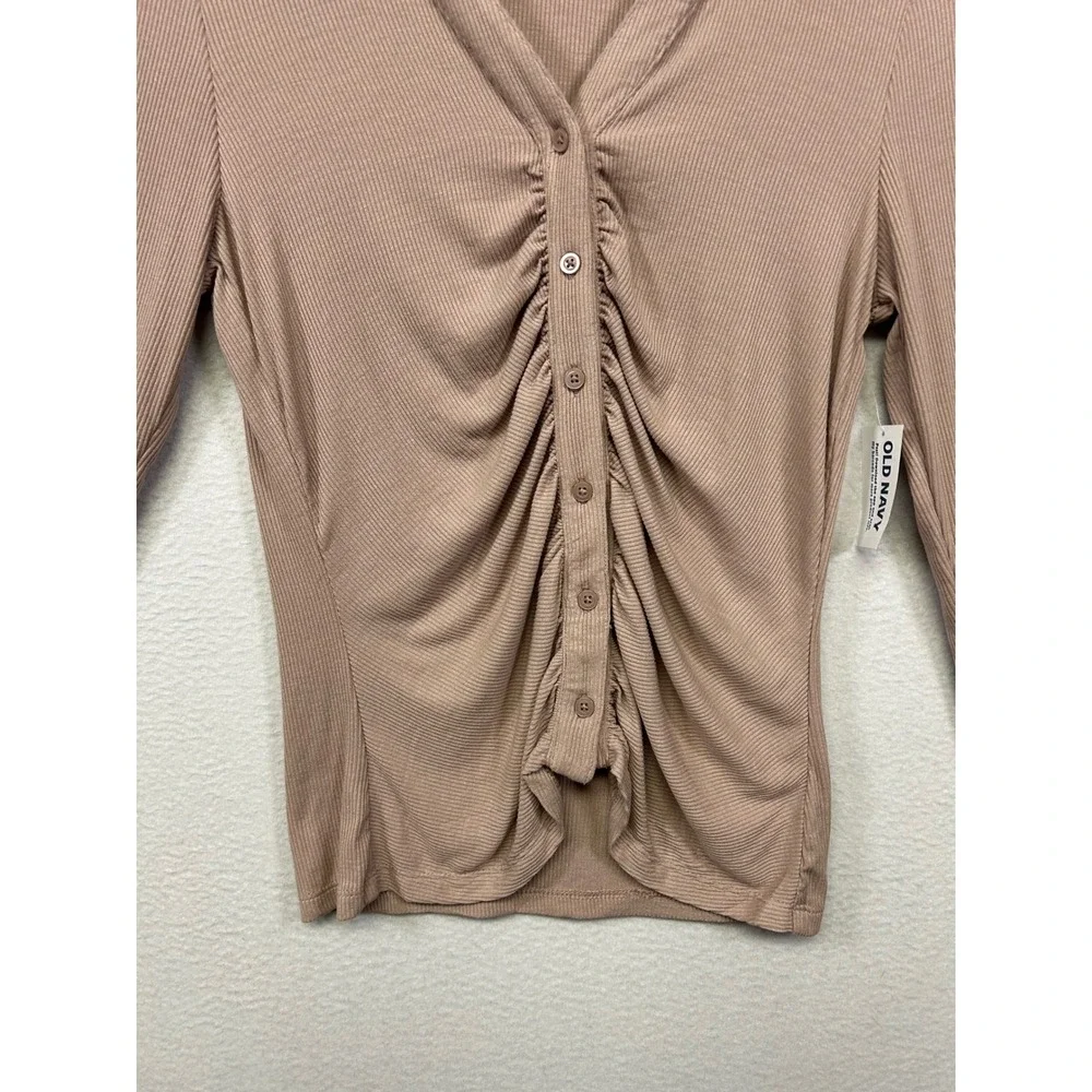Old Navy Coquette Ribbed Ruched NWT Womens Sm Mauve Long Sleeve Button Polo Top